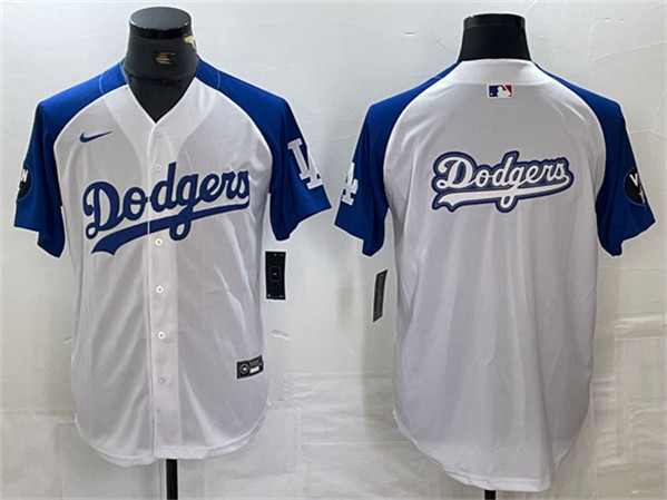 Los Angeles Dodgers Team Big Logo White Blue Vin Patch Cool Base Stitched Jersey - Click Image to Close